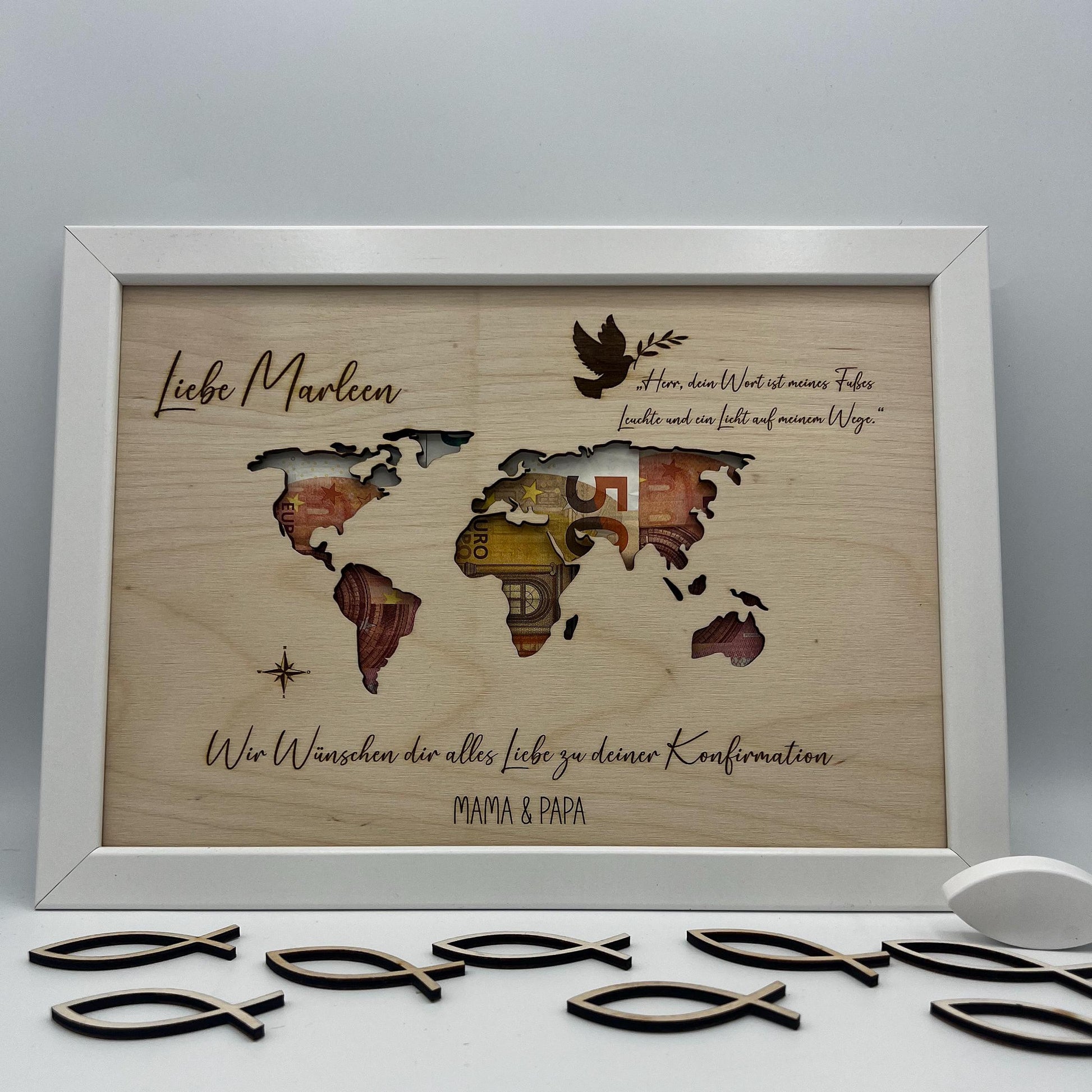 Geldgeschenk zur Konfirmation im Bilderrahmen, Kommunion, Taufe Firmung, Personalisiertes Geschenk, Weltkarte