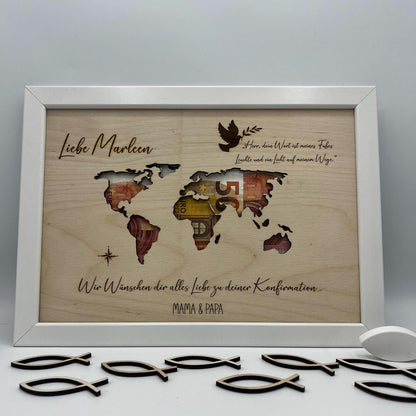 Geldgeschenk zur Konfirmation im Bilderrahmen, Kommunion, Taufe Firmung, Personalisiertes Geschenk, Weltkarte
