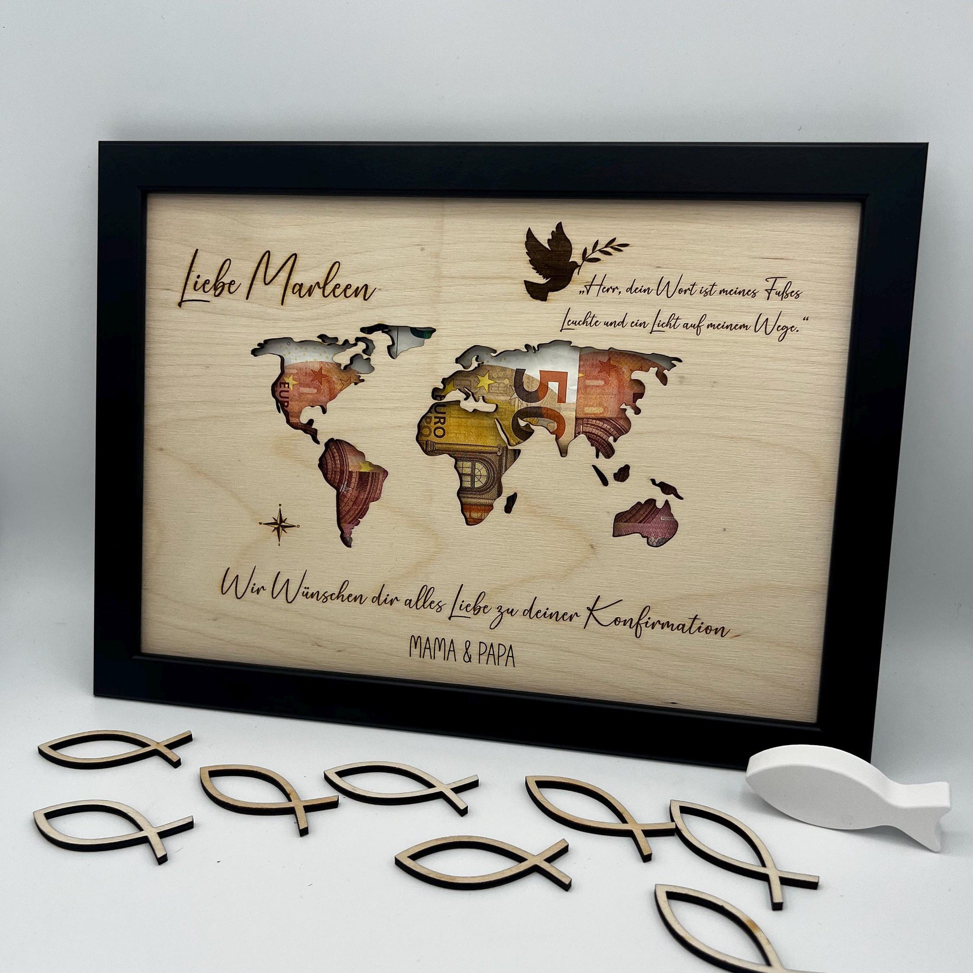 Geldgeschenk zur Konfirmation im Bilderrahmen, Kommunion, Taufe Firmung, Personalisiertes Geschenk, Weltkarte