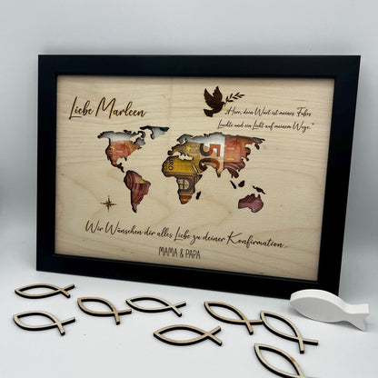 Geldgeschenk zur Konfirmation im Bilderrahmen, Kommunion, Taufe Firmung, Personalisiertes Geschenk, Weltkarte