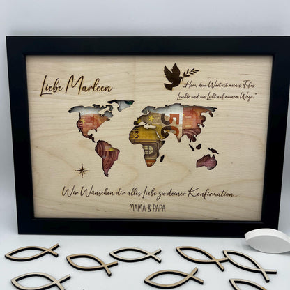 Geldgeschenk zur Konfirmation im Bilderrahmen, Kommunion, Taufe Firmung, Personalisiertes Geschenk, Weltkarte