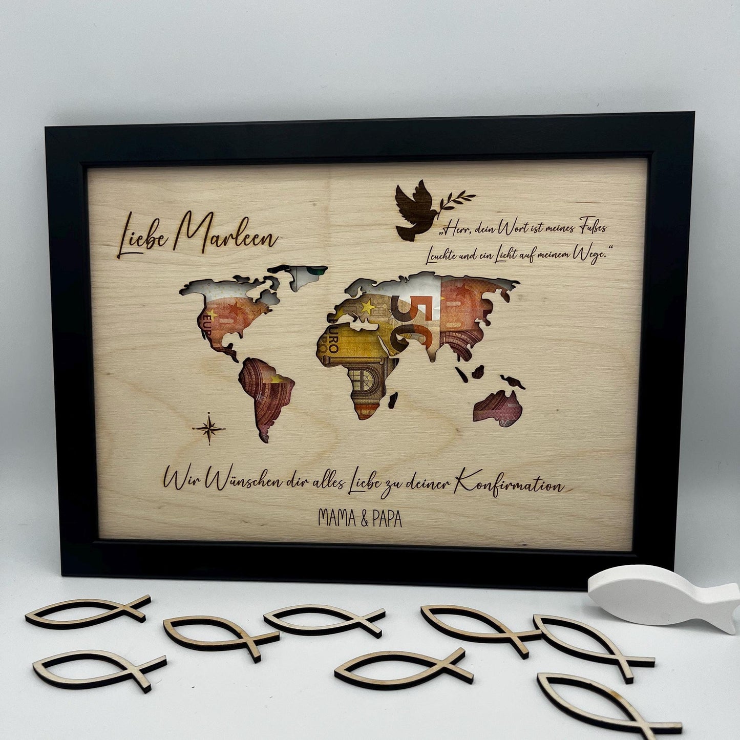 Geldgeschenk zur Konfirmation im Bilderrahmen, Kommunion, Taufe Firmung, Personalisiertes Geschenk, Weltkarte