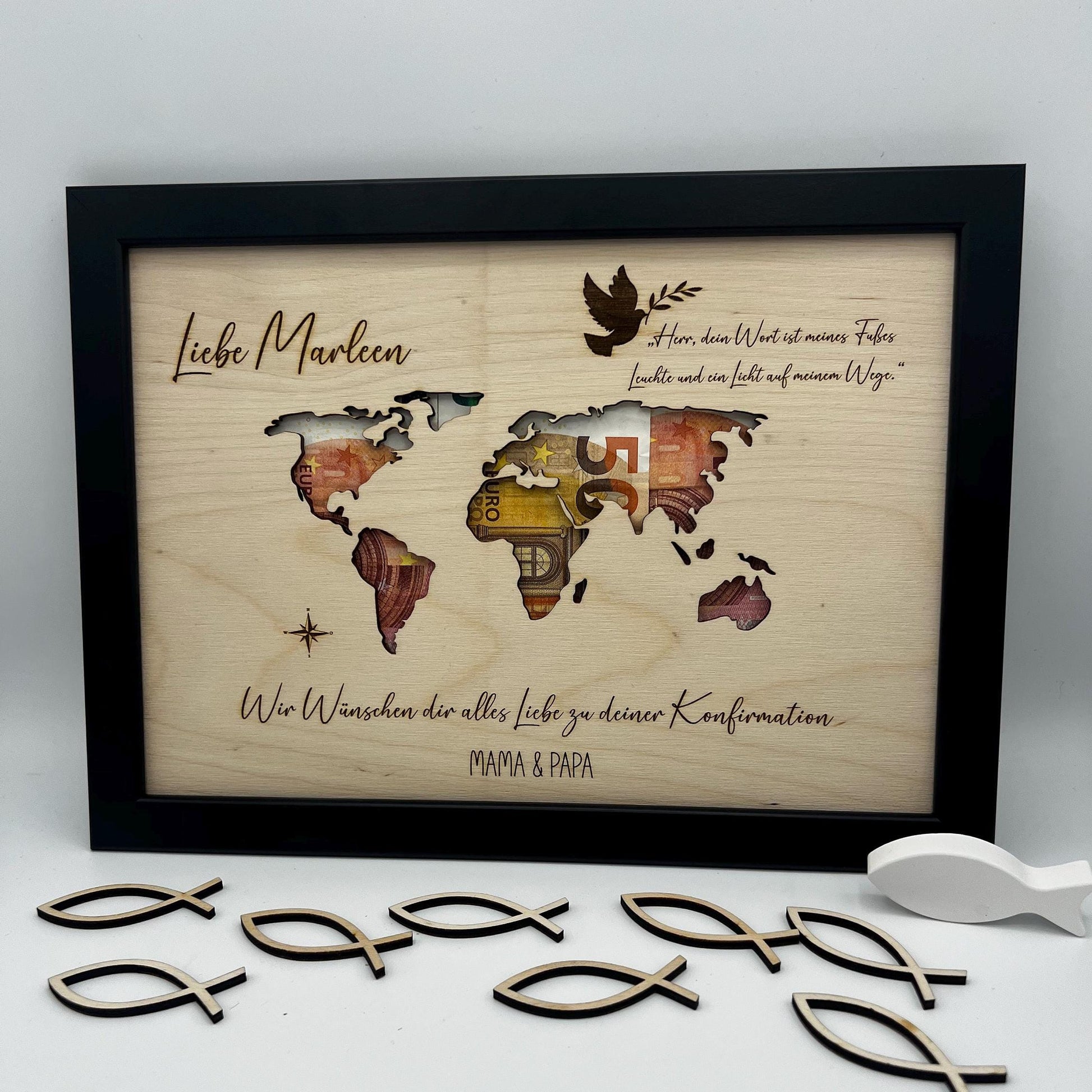 Geldgeschenk zur Konfirmation im Bilderrahmen, Kommunion, Taufe Firmung, Personalisiertes Geschenk, Weltkarte