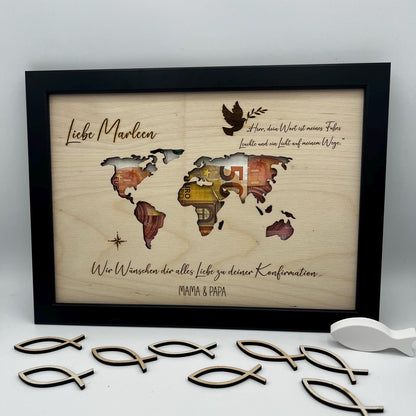 Geldgeschenk zur Konfirmation im Bilderrahmen, Kommunion, Taufe Firmung, Personalisiertes Geschenk, Weltkarte
