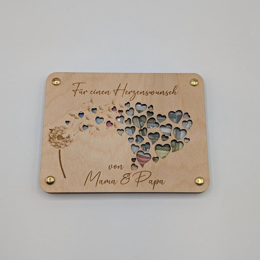 Geldgeschenk Geschenkkarte aus Holz mit Pusteblume und Herzen, Geld verschenken