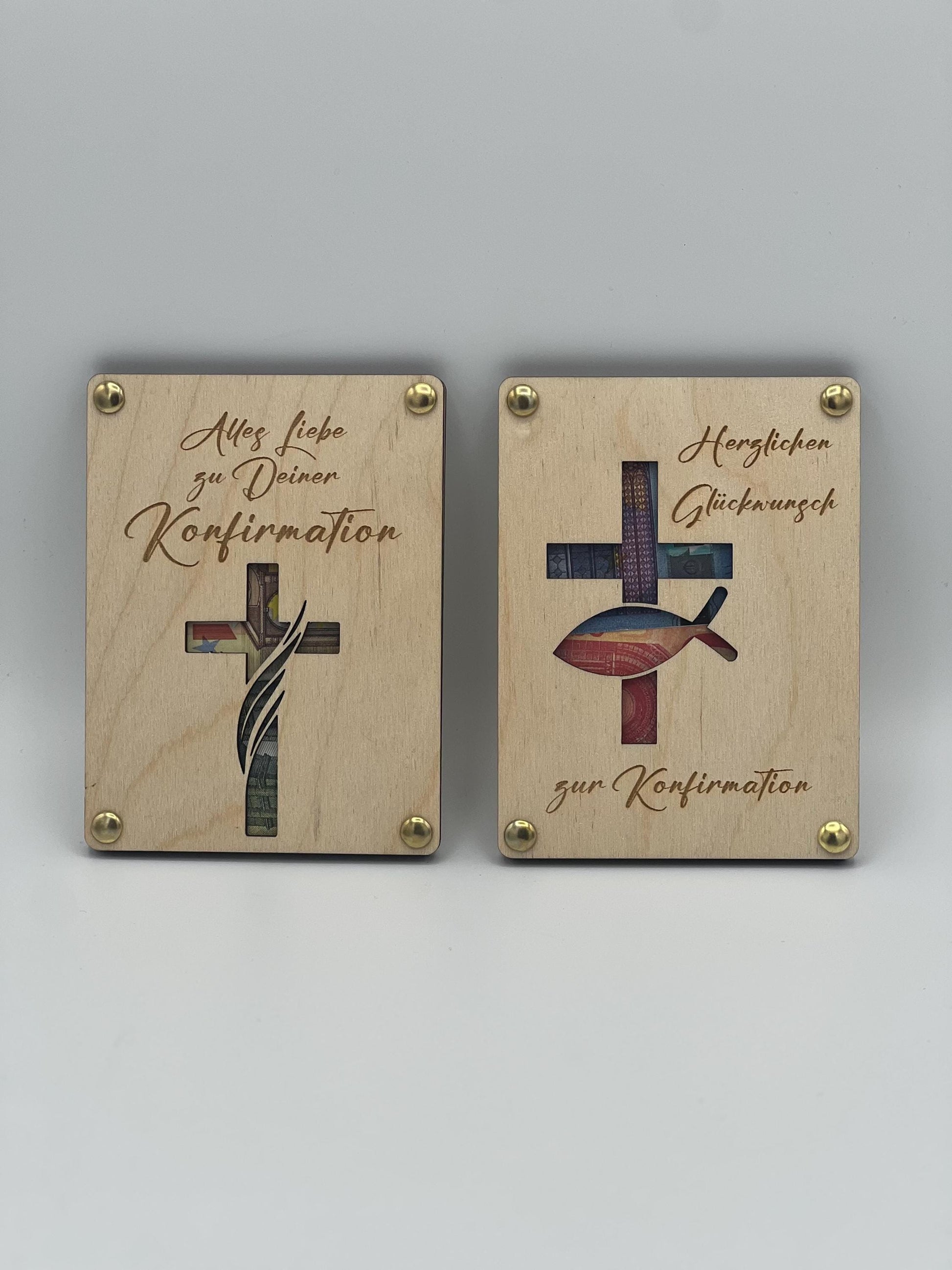 Geldgeschenk aus Holz, Geschenkkarte zur Konfirmation, zum zwischenlegen von Geld wodurch das ausgeschnittene Kreuz bunt erscheint.