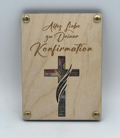 Geldgeschenk aus Holz, Geschenkkarte zur Konfirmation, zum zwischenlegen von Geld wodurch das ausgeschnittene Kreuz bunt erscheint.
