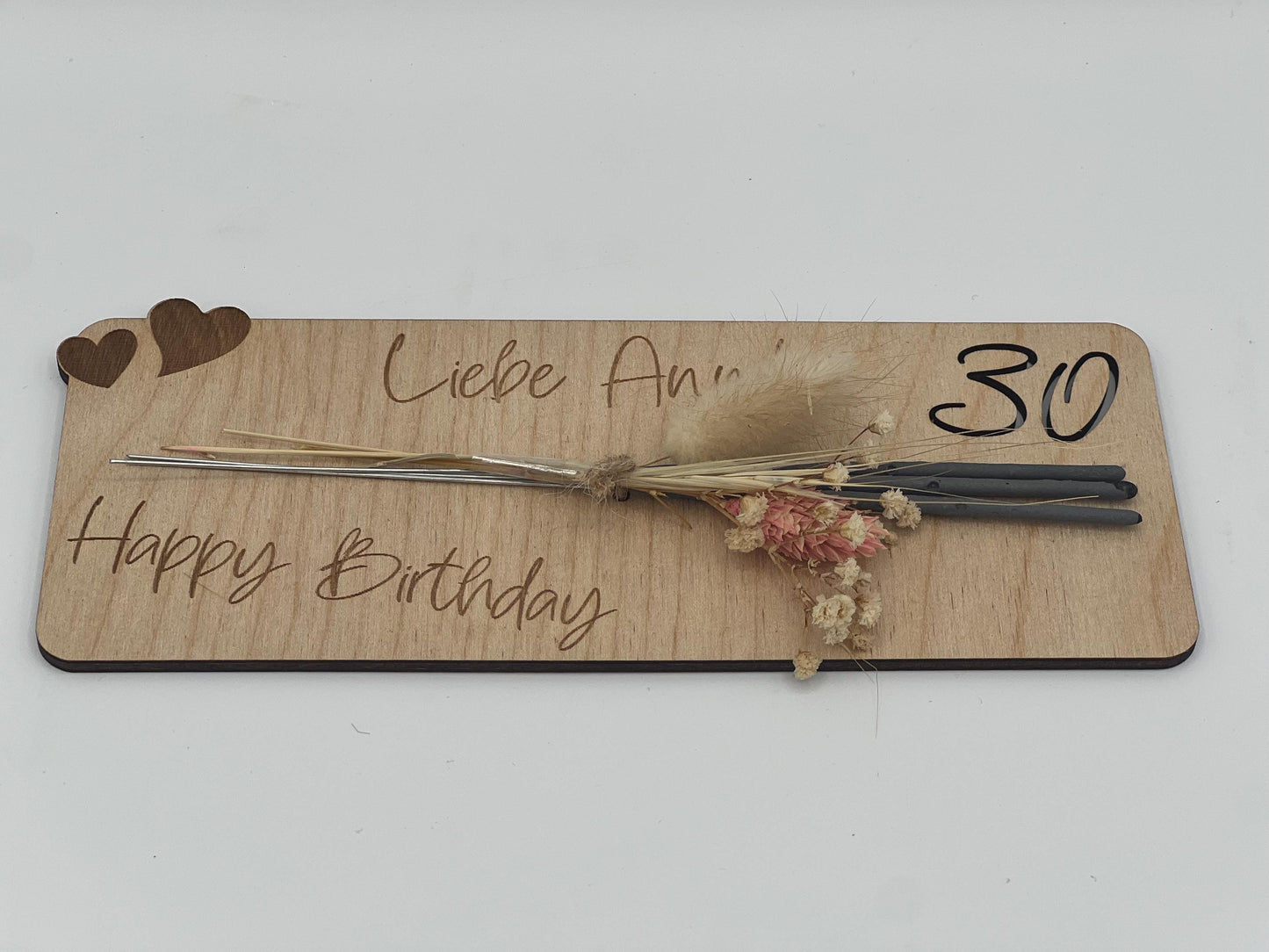Wunderkerzenhalter aus Holz mit Trockenblumen, Personalisierbar zum Geburtstag, Valentinstag oder besondere Momente. kleines Mitbringsel