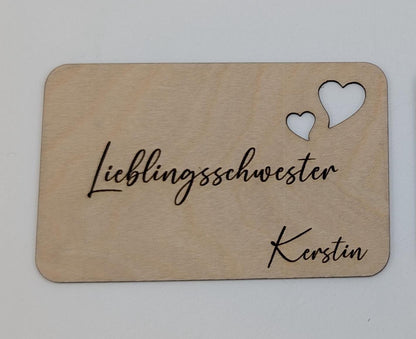 Liebes Visitenkarte aus 1mm starken Birkenholz, Größe 53x84mm mit Personalisierter Wunschgravur zum Valentinstag.
