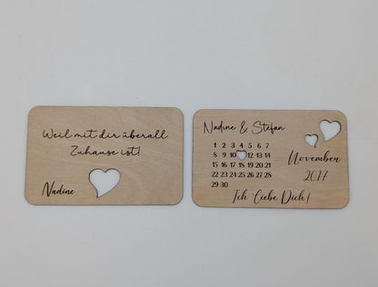 Liebes Visitenkarte aus 1mm starken Birkenholz, Größe 53x84mm mit Personalisierter Wunschgravur zum Valentinstag.