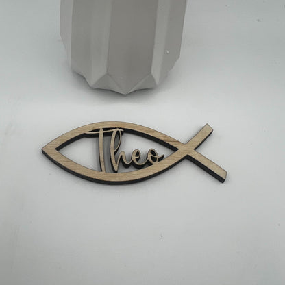 Streudeko zur Konfirmation, Fische aus Holz mit Namen