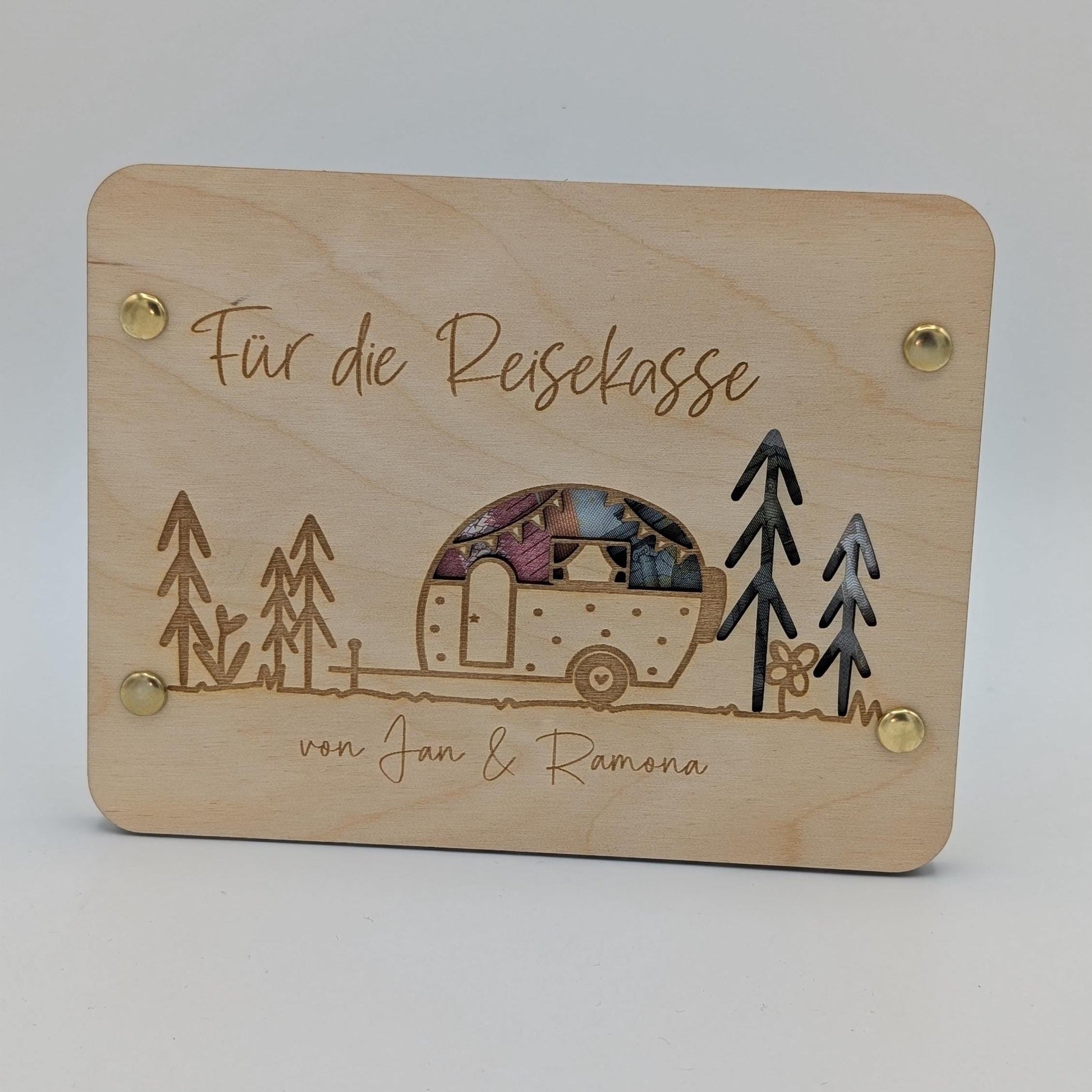 Geschenkkarte aus Holz, Camper, Wohnmobil, Wohnwagen als Geldgeschenk