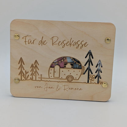 Geschenkkarte aus Holz, Camper, Wohnmobil, Wohnwagen als Geldgeschenk