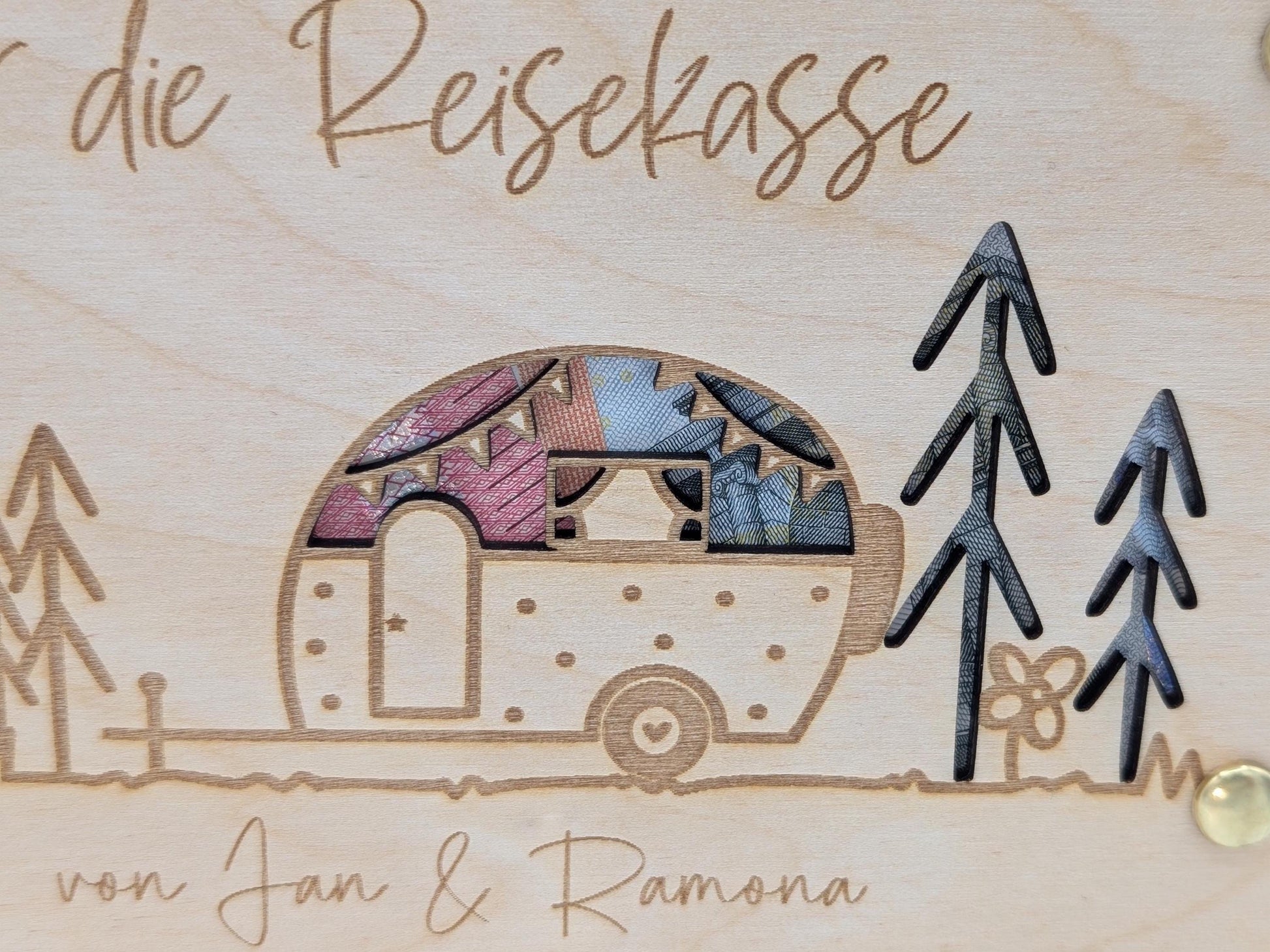Geschenkkarte aus Holz, Camper, Wohnmobil, Wohnwagen als Geldgeschenk