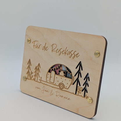 Geschenkkarte aus Holz, Camper, Wohnmobil, Wohnwagen als Geldgeschenk
