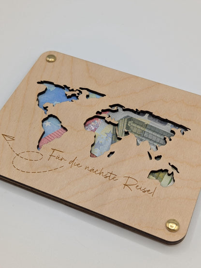Geschenkkarte aus Holz,Weltreise  Geldgeschenk für die nächste reise