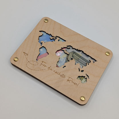 Geschenkkarte aus Holz,Weltreise  Geldgeschenk für die nächste reise