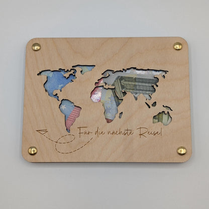 Geschenkkarte aus Holz,Weltreise  Geldgeschenk für die nächste reise
