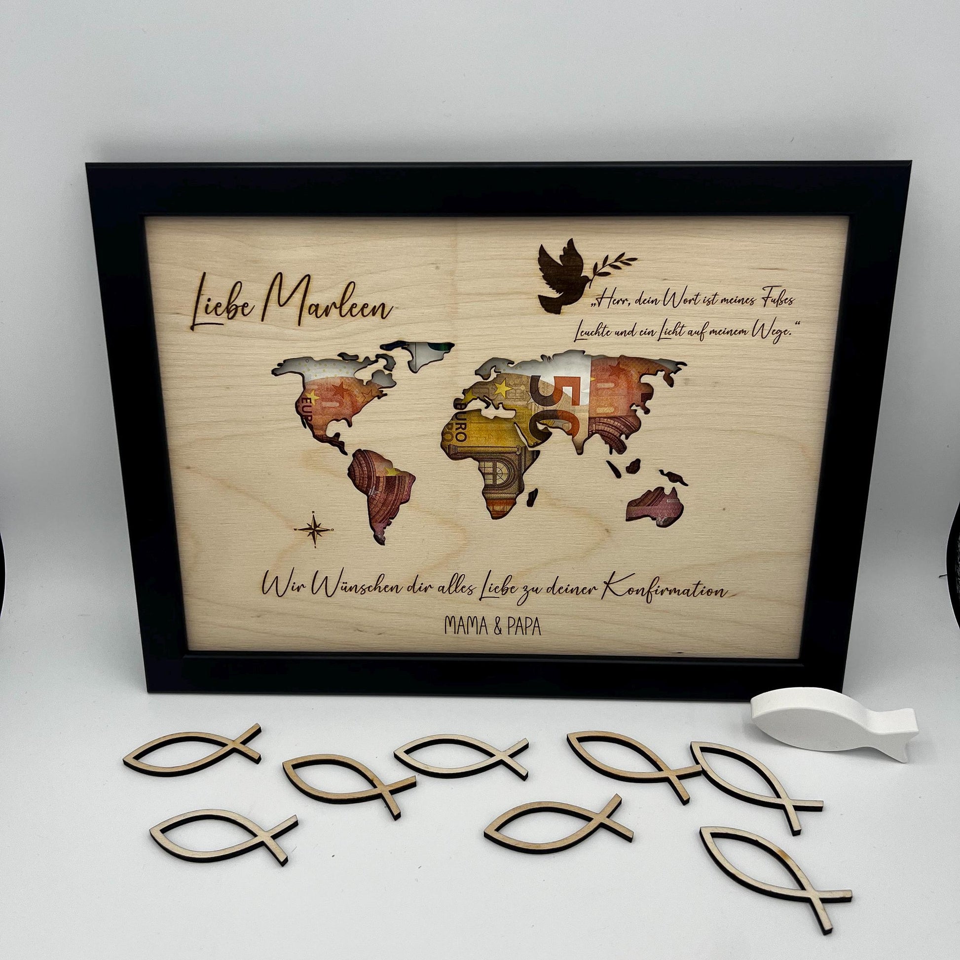 Geldgeschenk zur Konfirmation im Bilderrahmen, Kommunion, Taufe Firmung, Personalisiertes Geschenk, Weltkarte