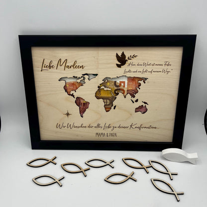 Geldgeschenk zur Konfirmation im Bilderrahmen, Kommunion, Taufe Firmung, Personalisiertes Geschenk, Weltkarte