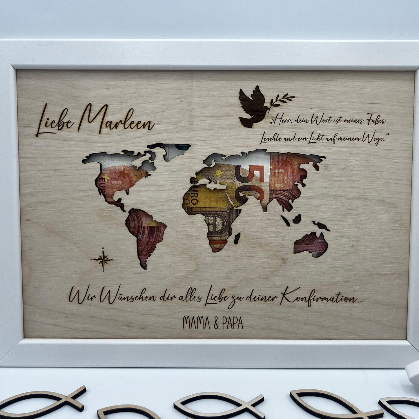 Geldgeschenk zur Konfirmation im Bilderrahmen, Kommunion, Taufe Firmung, Personalisiertes Geschenk, Weltkarte