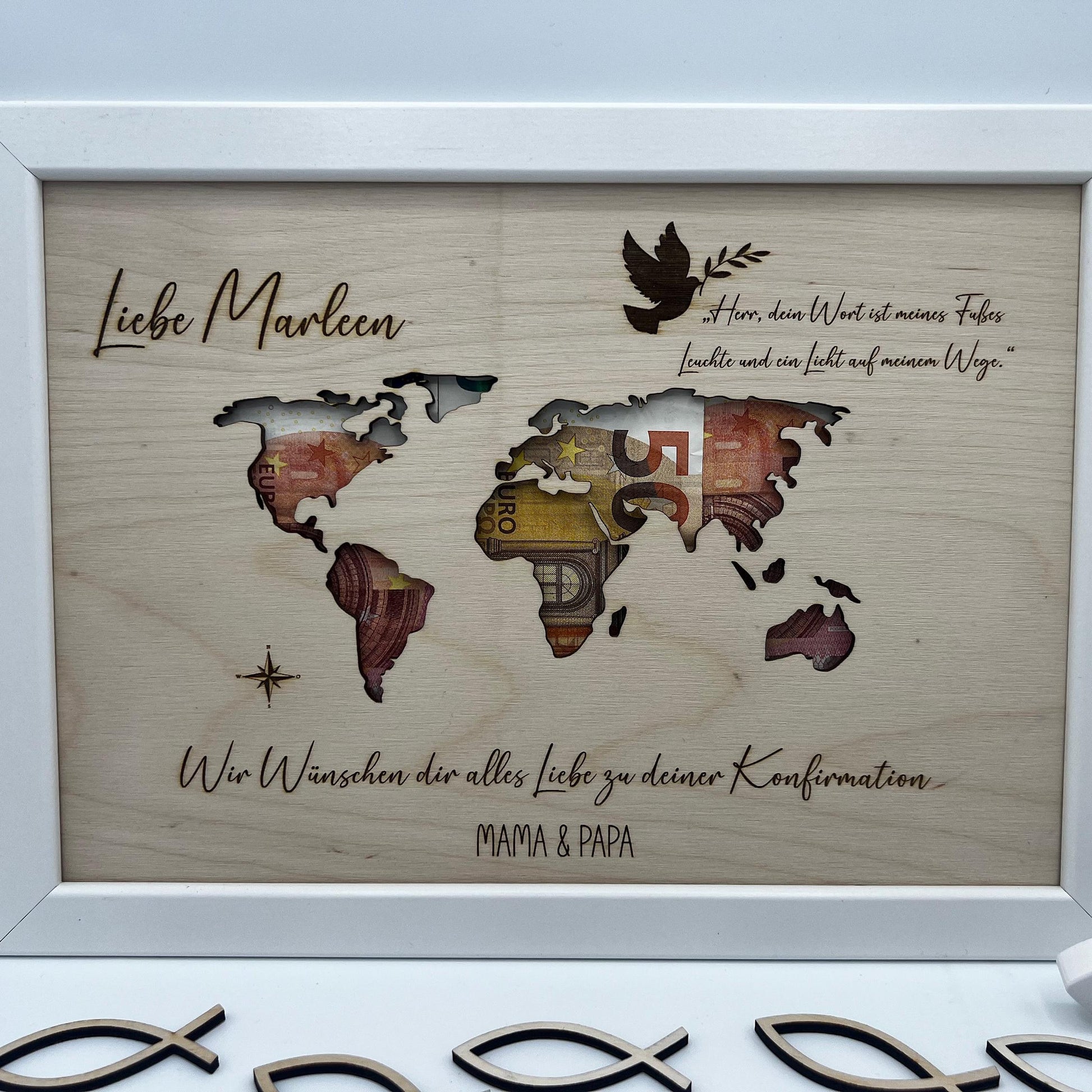 Geldgeschenk zur Konfirmation im Bilderrahmen, Kommunion, Taufe Firmung, Personalisiertes Geschenk, Weltkarte