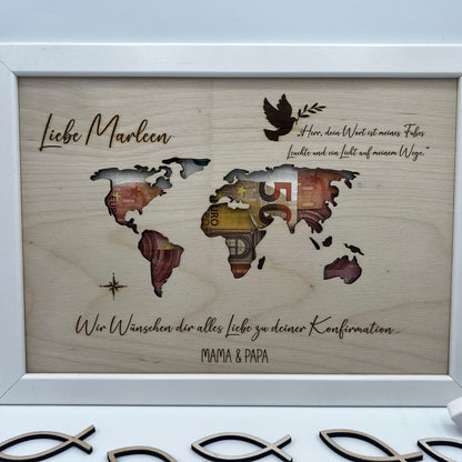 Geldgeschenk zur Konfirmation im Bilderrahmen, Kommunion, Taufe Firmung, Personalisiertes Geschenk, Weltkarte