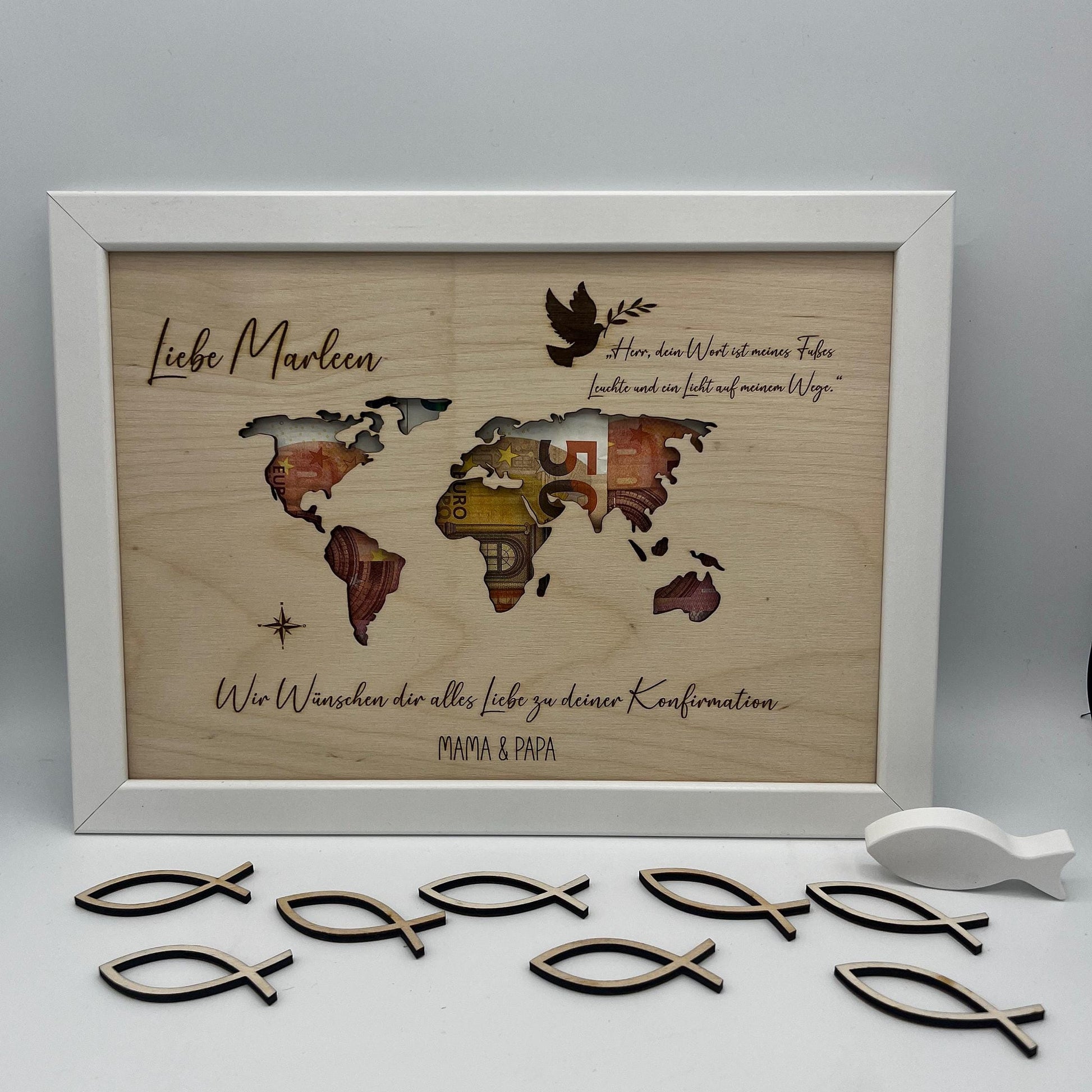 Geldgeschenk zur Konfirmation im Bilderrahmen, Kommunion, Taufe Firmung, Personalisiertes Geschenk, Weltkarte