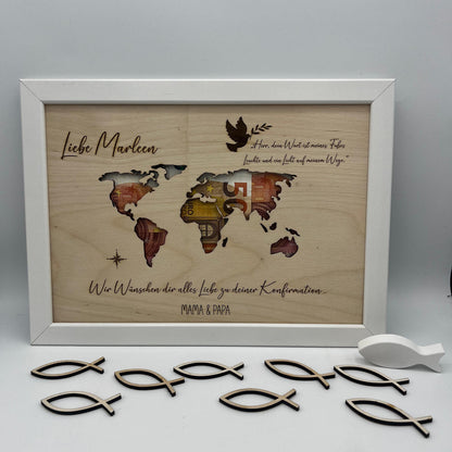 Geldgeschenk zur Konfirmation im Bilderrahmen, Kommunion, Taufe Firmung, Personalisiertes Geschenk, Weltkarte