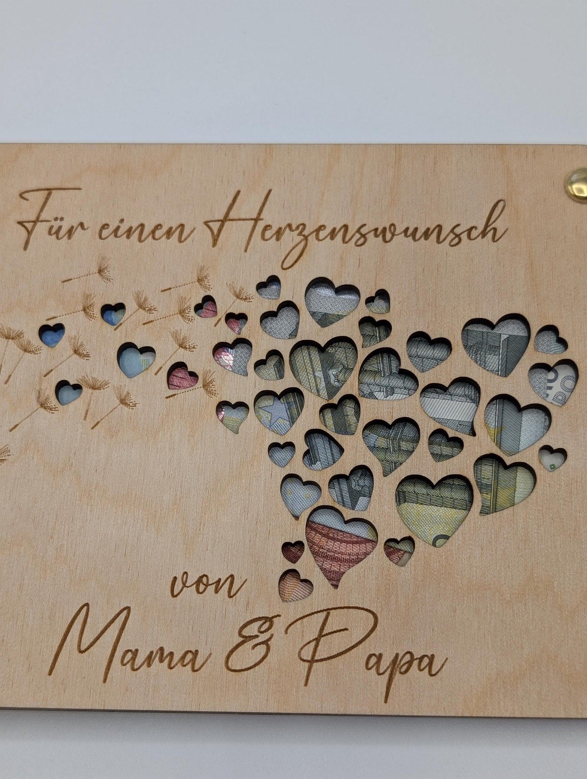 Geldgeschenk Geschenkkarte aus Holz mit Pusteblume und Herzen, Geld verschenken