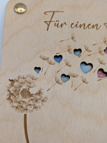 Geldgeschenk Geschenkkarte aus Holz mit Pusteblume und Herzen, Geld verschenken