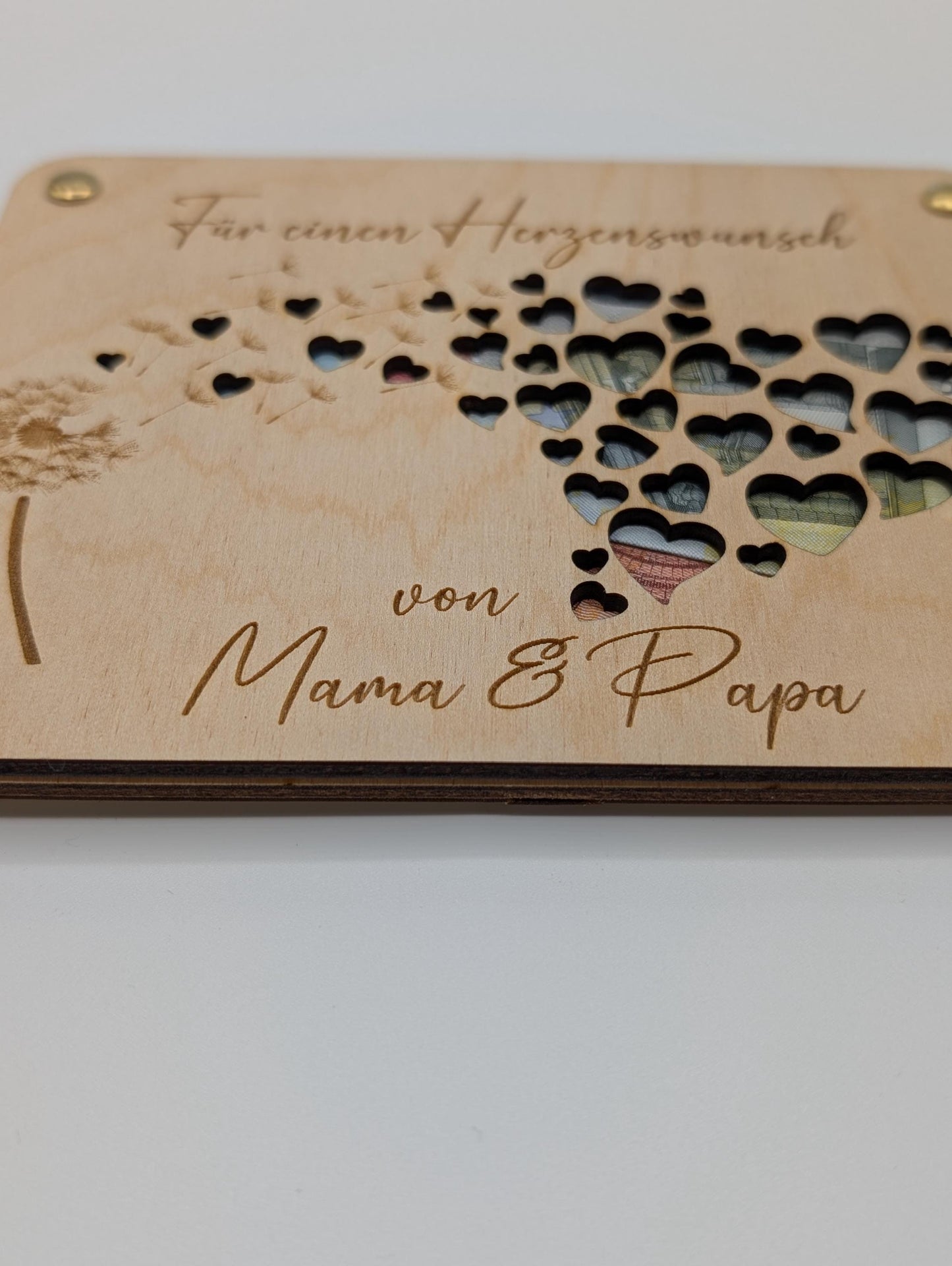 Geldgeschenk Geschenkkarte aus Holz mit Pusteblume und Herzen, Geld verschenken