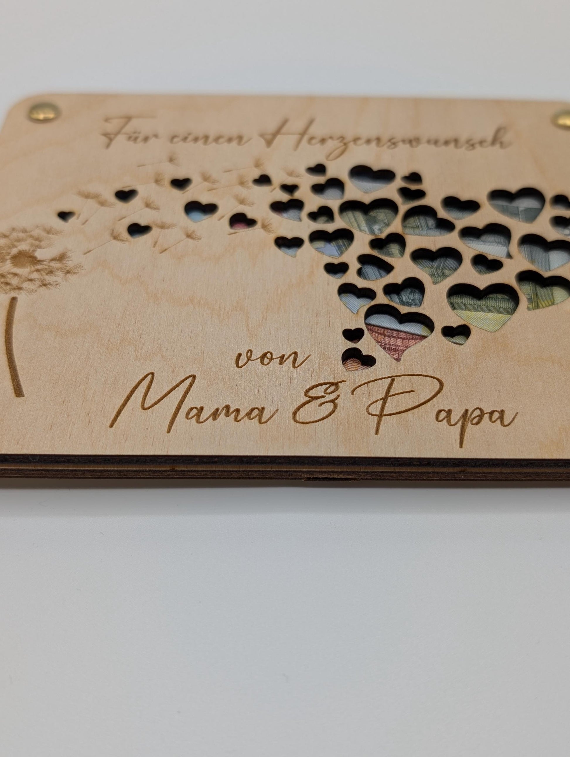 Geldgeschenk Geschenkkarte aus Holz mit Pusteblume und Herzen, Geld verschenken