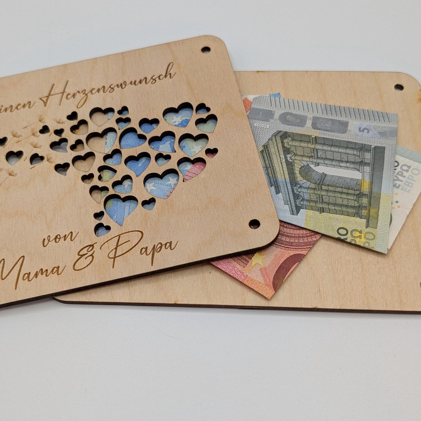 Geldgeschenk Geschenkkarte aus Holz mit Pusteblume und Herzen, Geld verschenken