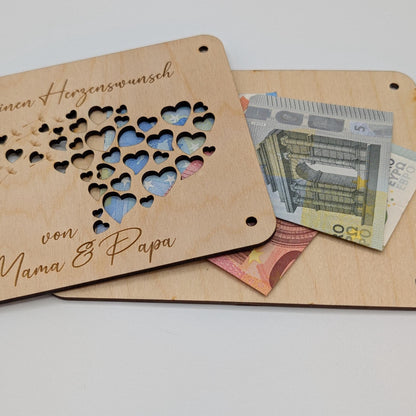 Geldgeschenk Geschenkkarte aus Holz mit Pusteblume und Herzen, Geld verschenken