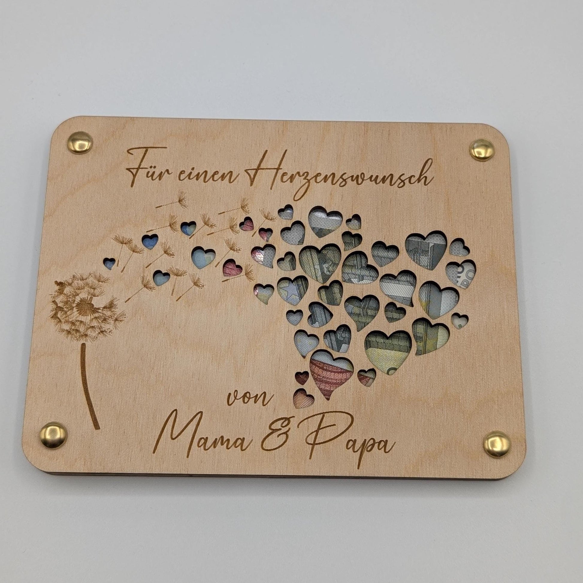 Geldgeschenk Geschenkkarte aus Holz mit Pusteblume und Herzen, Geld verschenken