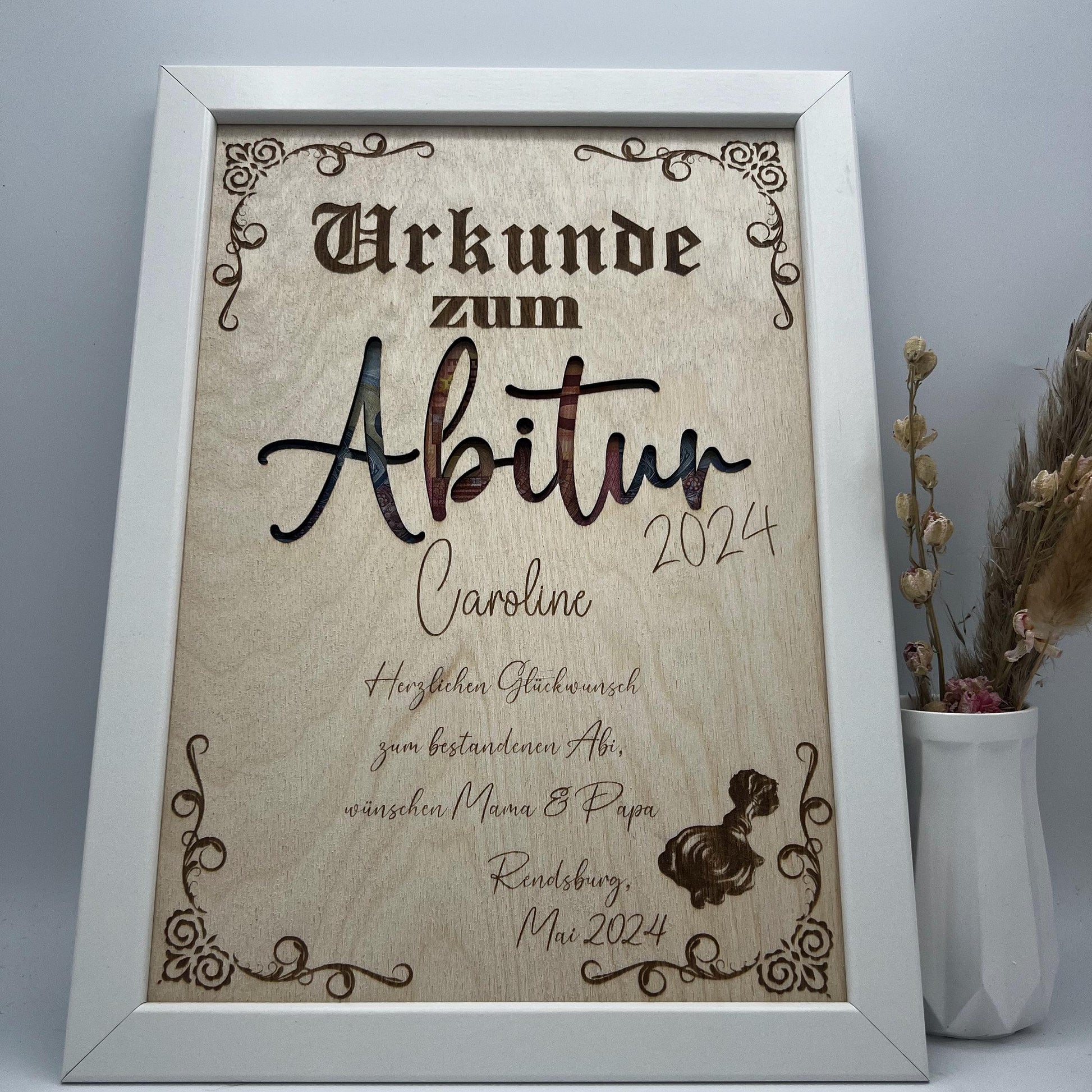 Urkunde zum bestandenen Abitur, Schulabschluss als Geldgeschenk, personalisierte Geschenkidee
