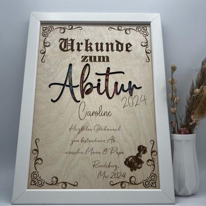 Urkunde zum bestandenen Abitur, Schulabschluss als Geldgeschenk, personalisierte Geschenkidee