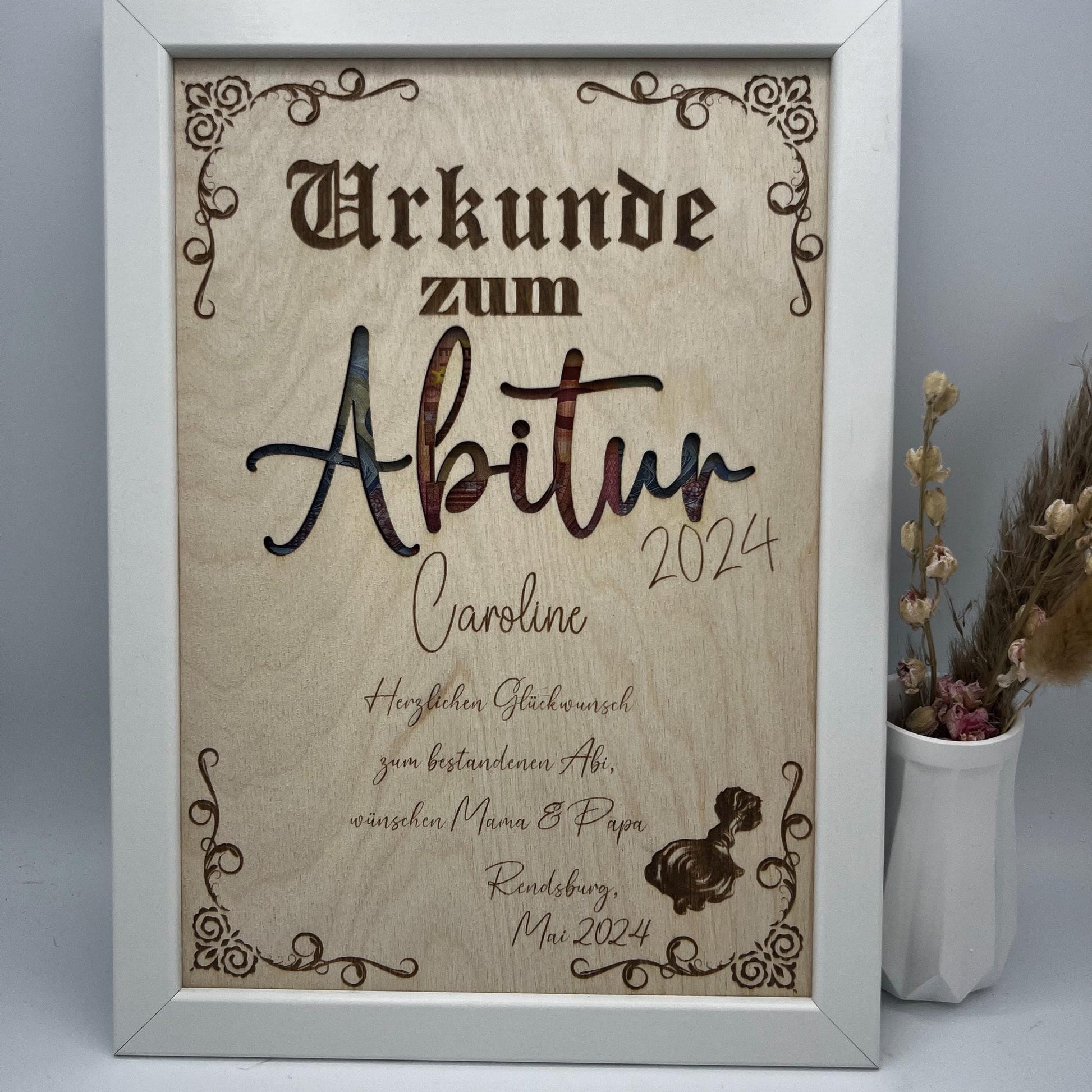Urkunde zum bestandenen Abitur, Schulabschluss als Geldgeschenk, personalisierte Geschenkidee