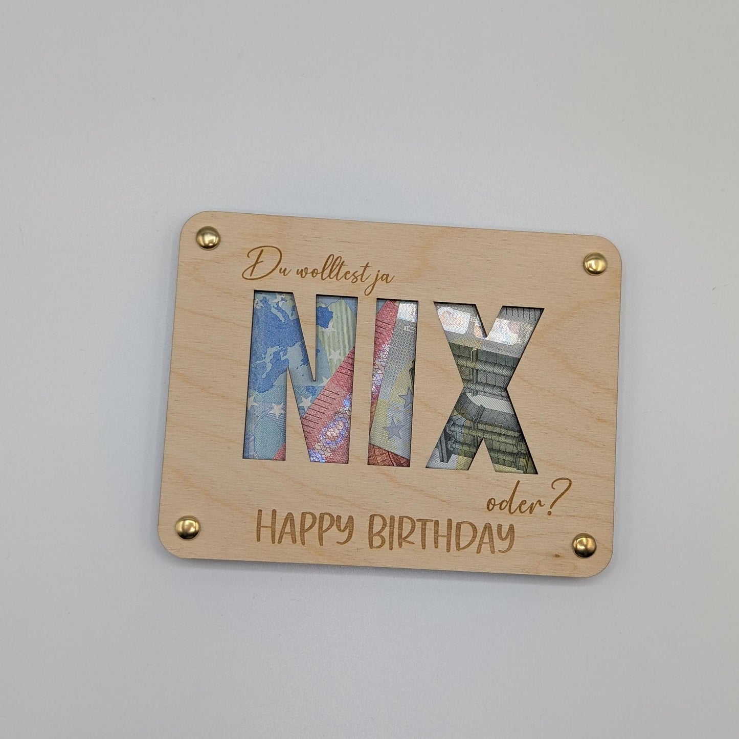 Gutscheinkarte zum Geburtstag, Geldgeschenk aus Holz mit NIX, Geld verschenken