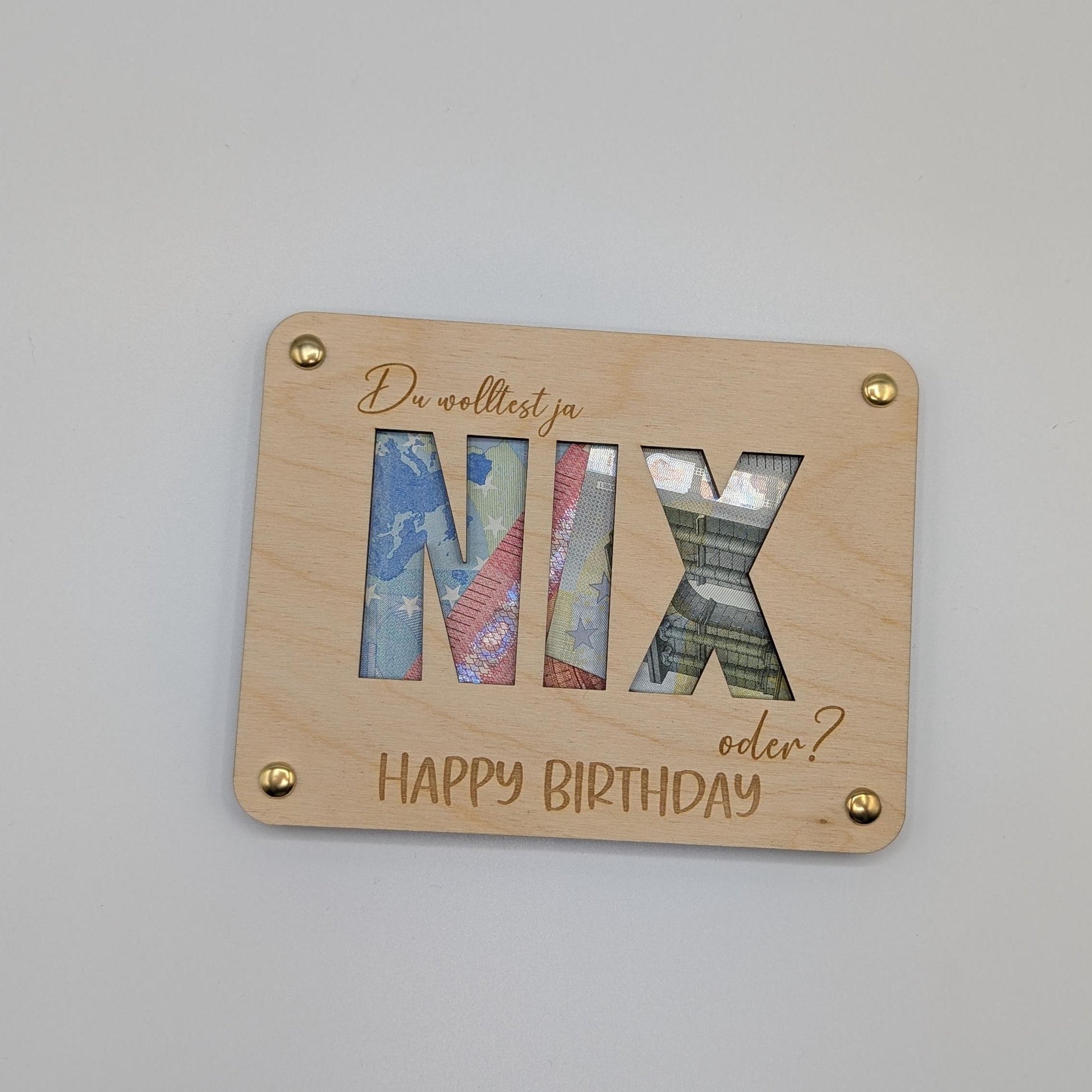 Gutscheinkarte zum Geburtstag, Geldgeschenk aus Holz mit NIX, Geld verschenken