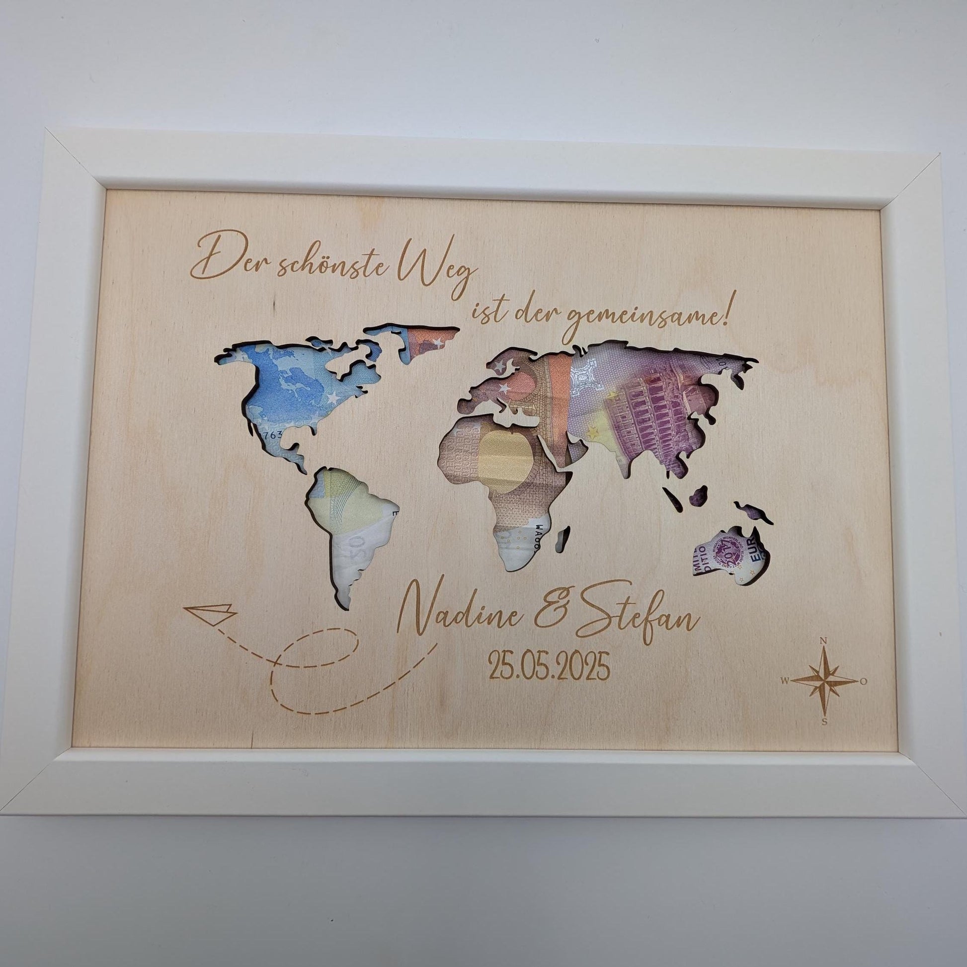 Weltkarte Geldgeschenk zur Hochzeit, Hochzeitsfeier personalisiert