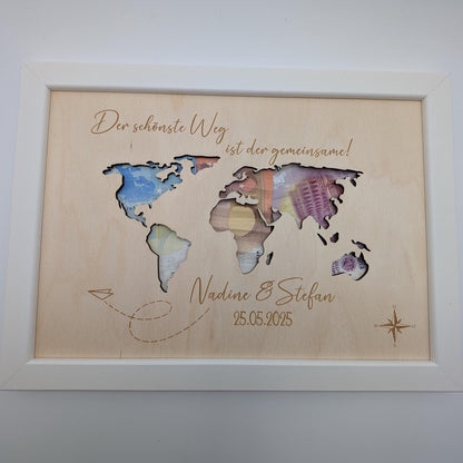 Weltkarte Geldgeschenk zur Hochzeit, Hochzeitsfeier personalisiert