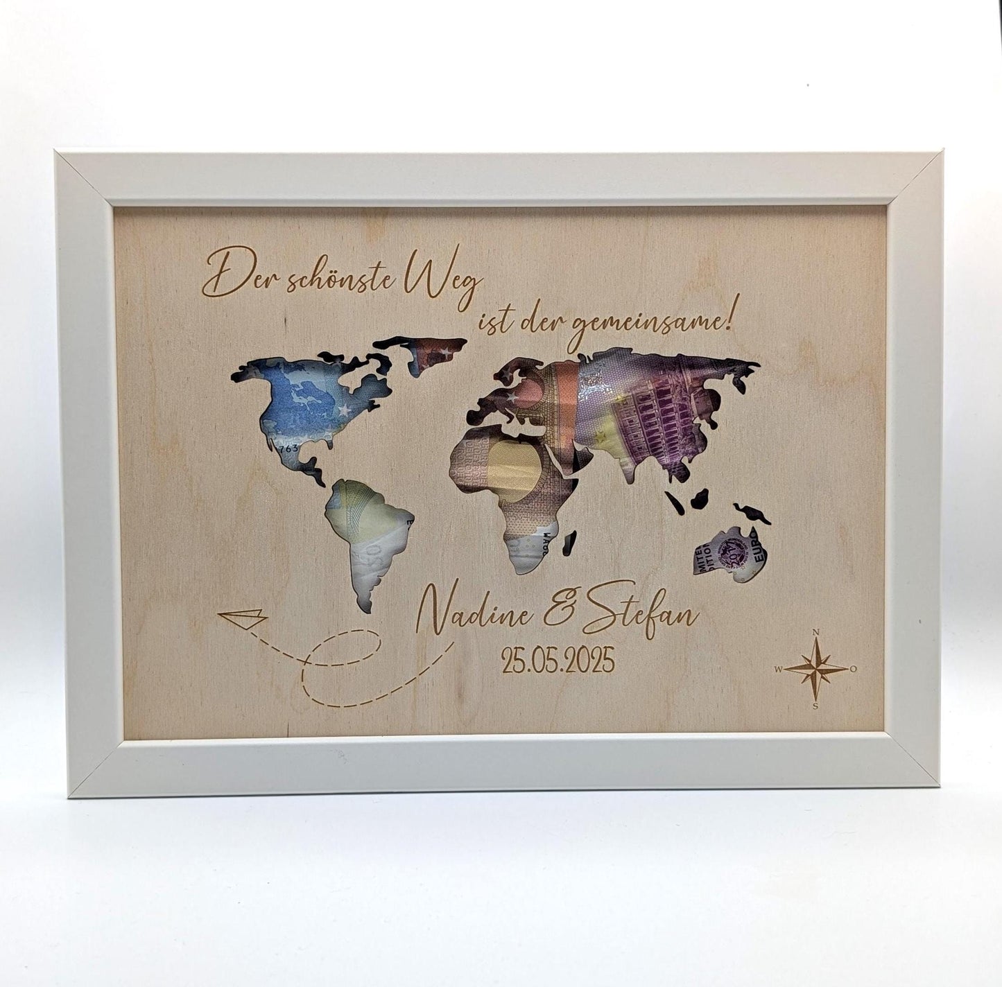 Weltkarte Geldgeschenk zur Hochzeit, Hochzeitsfeier personalisiert