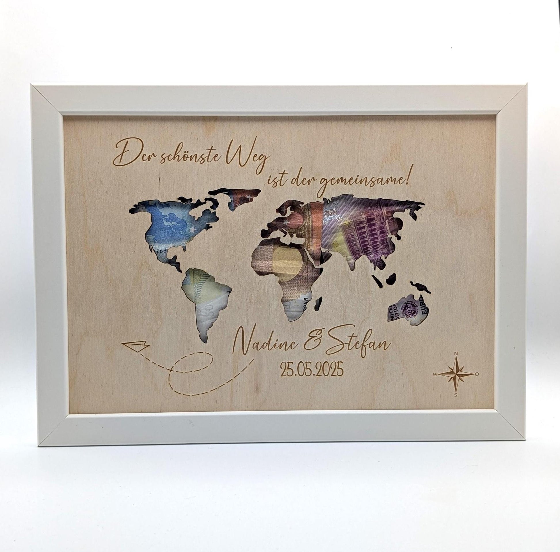 Weltkarte Geldgeschenk zur Hochzeit, Hochzeitsfeier personalisiert