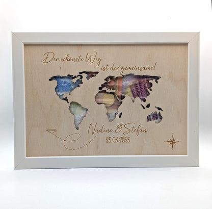 Weltkarte Geldgeschenk zur Hochzeit, Hochzeitsfeier personalisiert
