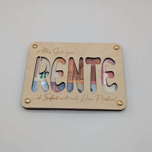 Personalisiertes Geschenk zur Rente – Hochwertige Holzkarte mit Gravur, ideal als Geldgeschenk oder Gutscheinhalter. Individuell mit Name, Datum oder Widmung gestaltbar. Perfektes Abschiedsgeschenk für den Ruhestand.