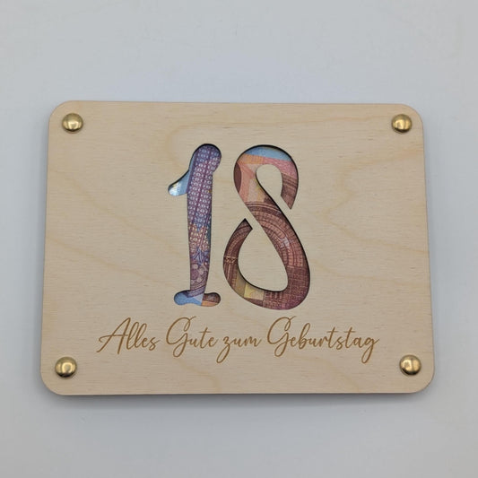 Personalisiertes Geschenk zum 18. Geburtstag – Hochwertige Holzkarte mit Gravur, perfekt als Geldgeschenk oder Gutscheinhalter. Individuell mit Name, Datum oder persönlicher Widmung gestaltbar. Ein besonderes Erinnerungsstück zum Erwachsenwerden!