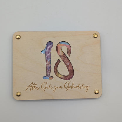 Personalisiertes Geschenk zum 18. Geburtstag – Hochwertige Holzkarte mit Gravur, perfekt als Geldgeschenk oder Gutscheinhalter. Individuell mit Name, Datum oder persönlicher Widmung gestaltbar. Ein besonderes Erinnerungsstück zum Erwachsenwerden!