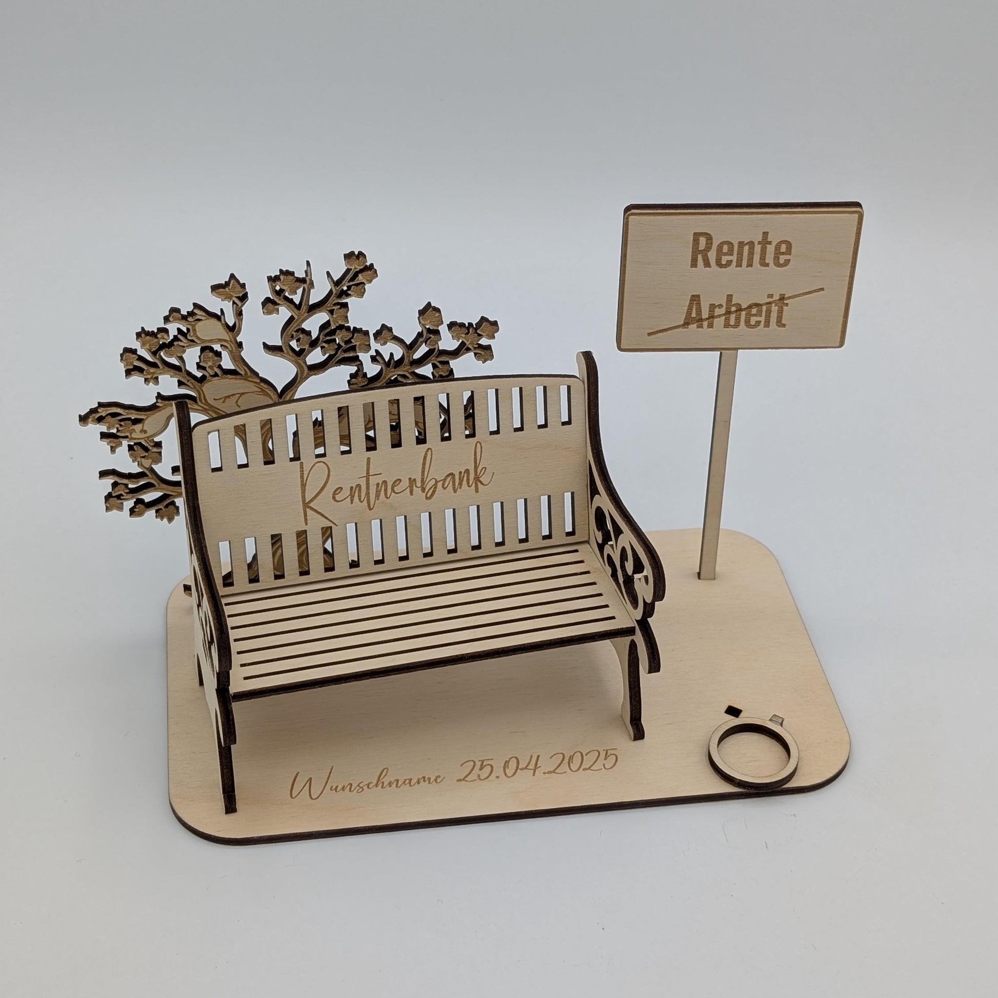 Geldgeschenk zur Rente aus Holz, Personalisiert mit Namen zum Renteneintritt, für Rentner, Rentnerin